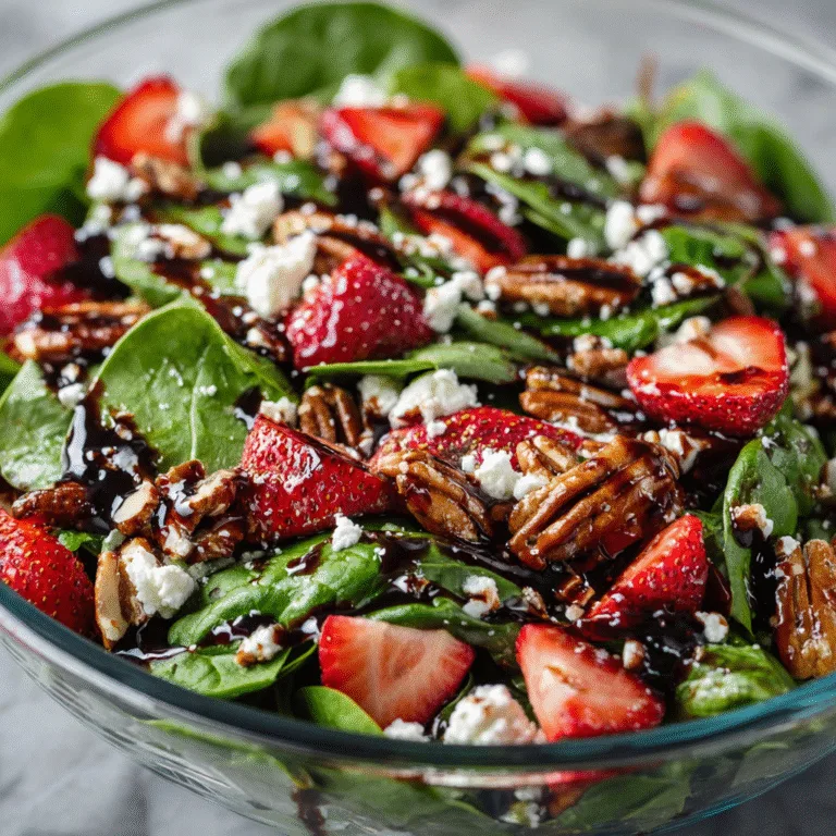 Fresh Strawberry Spinach Salad with Feta, Pecans & Balsamic Glaze