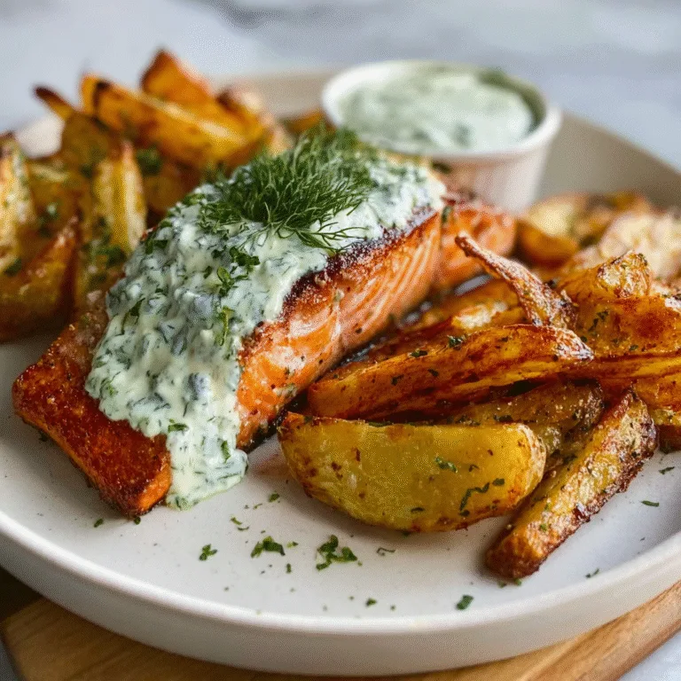 Dill Salmon with Potato Wedges and Creamy Pickle Dill Sauce 🐟