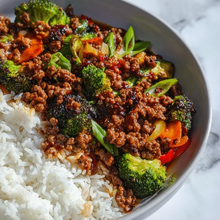 Spicy Ground Beef Stir-Fry Bowl with Garlic Veggies & Steamy Rice