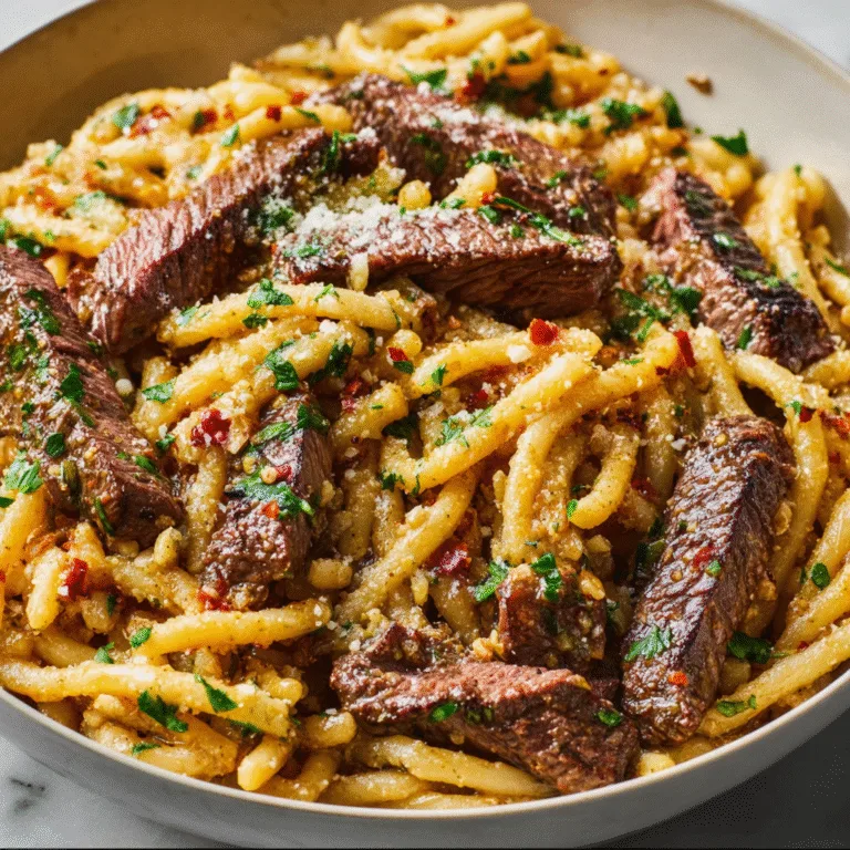 One-Skillet Spicy Garlic Butter Parmesan Steak Pasta