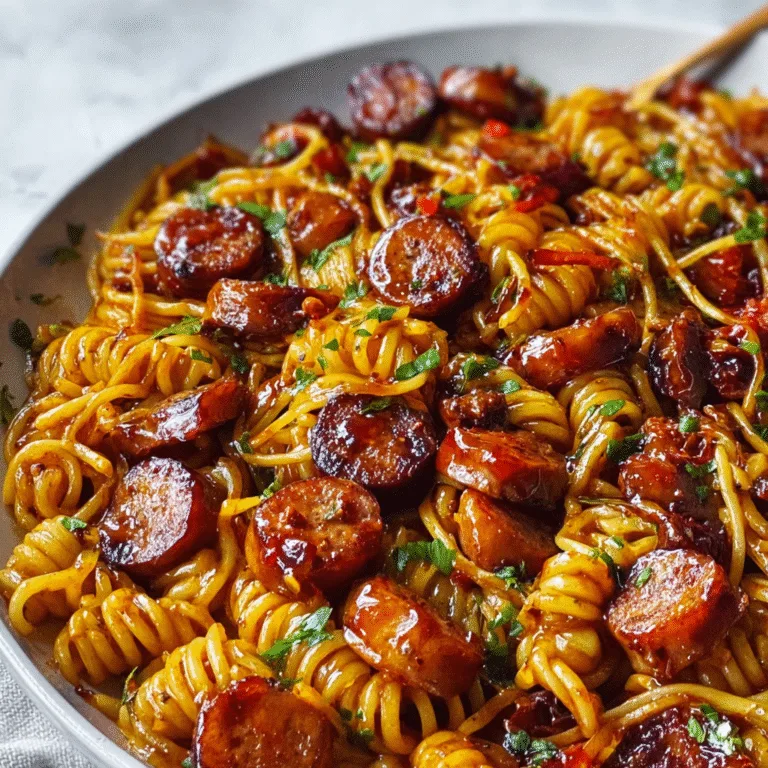 One Skillet Spicy Honey BBQ Sausage & Pasta