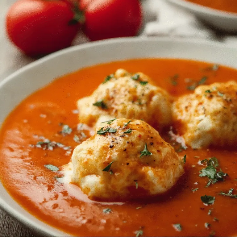 Tomato Soup with Cheese Dumplings – Creamy Comfort in a Bowl