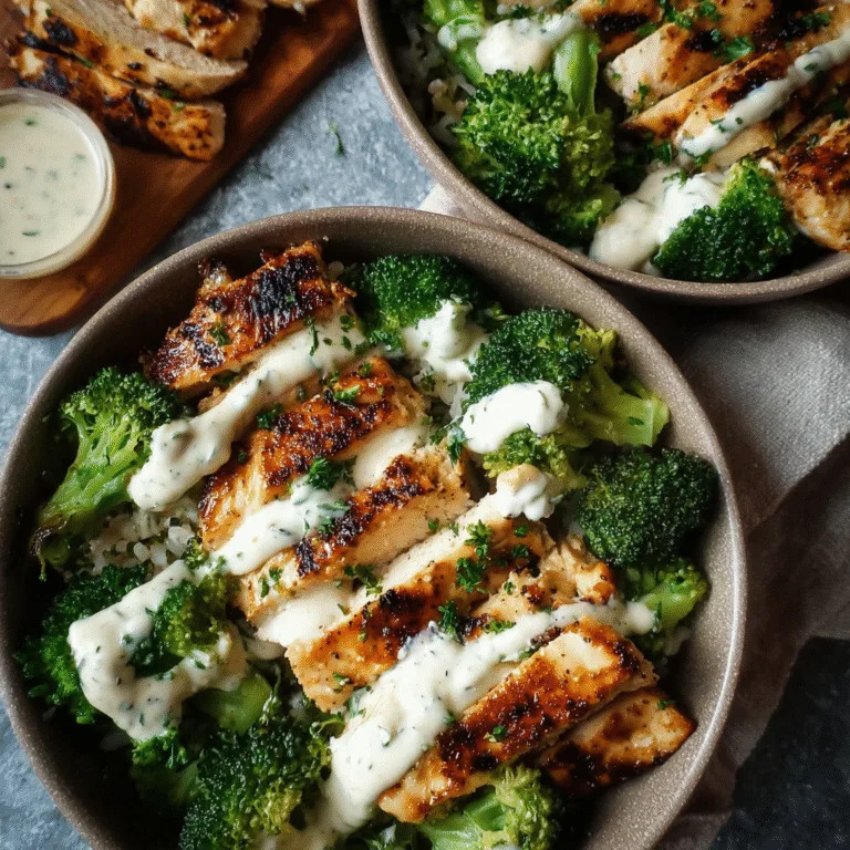 Grilled Chicken & Broccoli Bowls with Creamy Garlic Sauce (Healthy, Flavorful & Meal-Prep Friendly!)