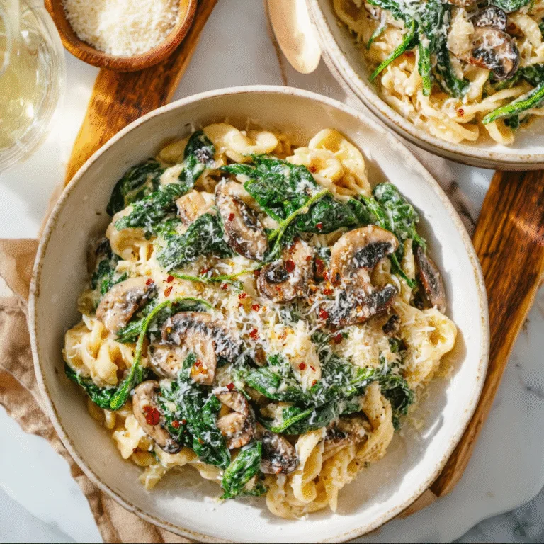 One Pot Garlic Parmesan Pasta with Spinach and Mushrooms – Creamy, Comforting, and Ready in Minutes