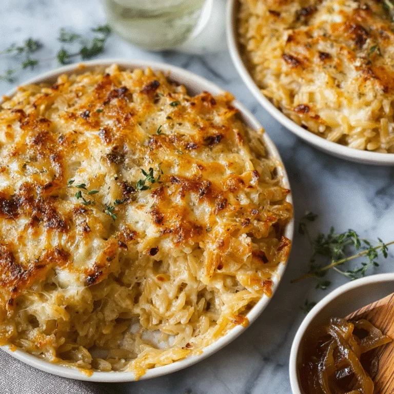 French Onion Orzo Bake