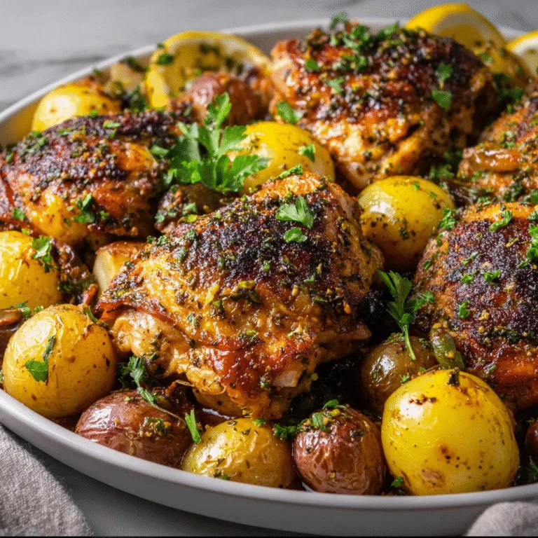 Roasted Mediterranean Chicken Thighs with Crispy Baby Potatoes: A Flavor-Packed, One-Pan Dinner Masterpiece