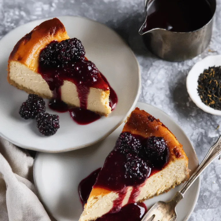 London Fog Basque Cheesecake with Blackberry Sauce – A Modern Dessert Masterpiece