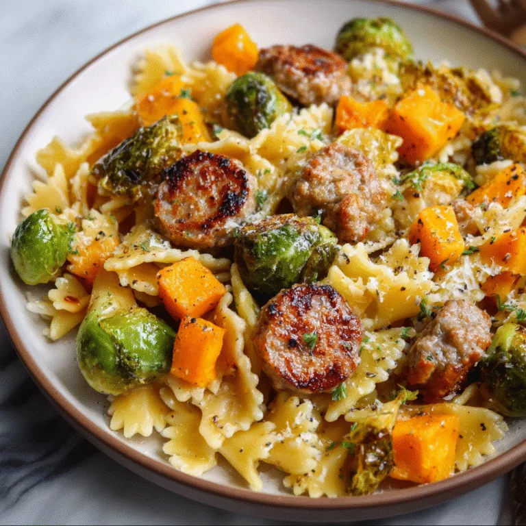 Autumn Dinner with Sausage Pasta, Brussels Sprouts, and Butternut Squash – A Cozy Fall Skillet You’ll Make All Season