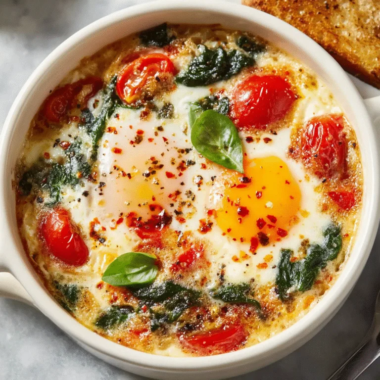 Baked Feta Eggs with Spinach and Tomatoes – A Mediterranean-Inspired Breakfast Favorite