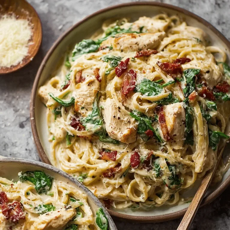 Creamy Chicken Alfredo Pasta with Sun-Dried Tomatoes, Spinach & Bacon
