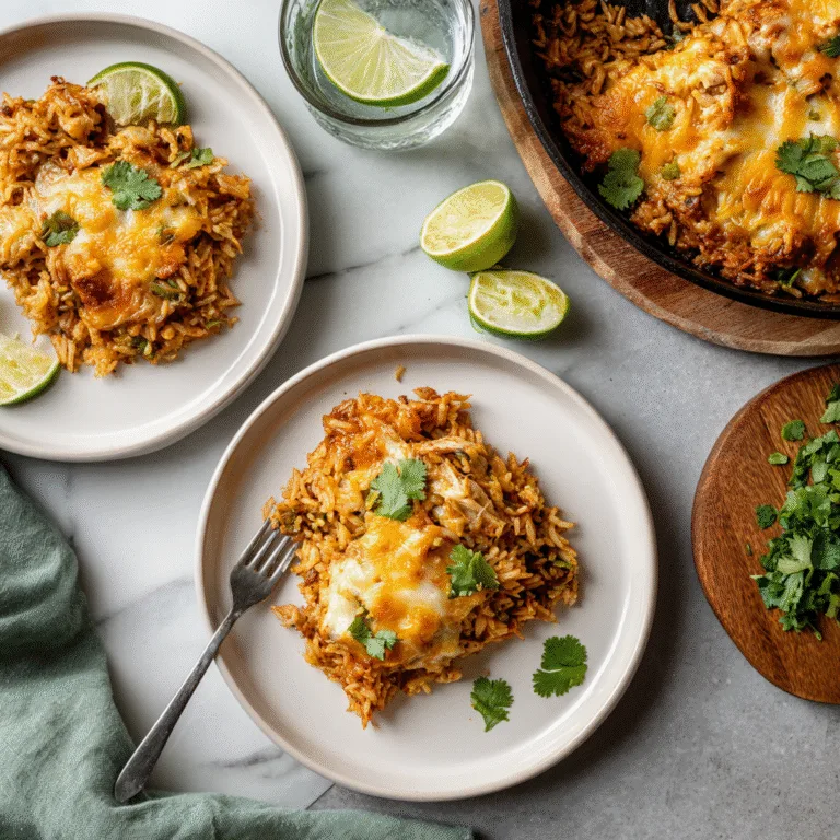 One Skillet Cheesy Cuban Chicken Rice Bake