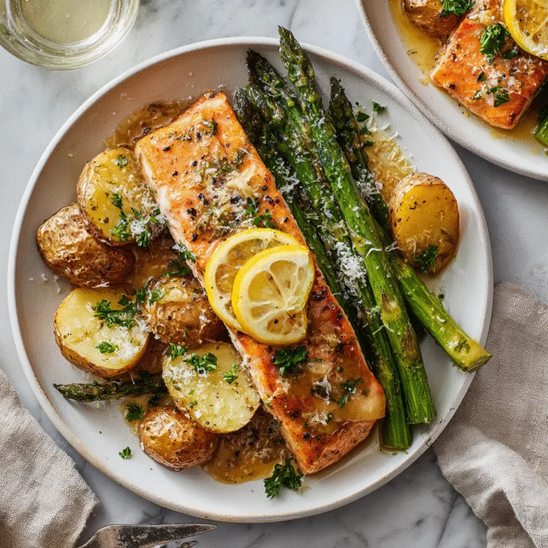 Sheet Pan Lemon Brown Butter Salmon with Potatoes & Parmesan Asparagus