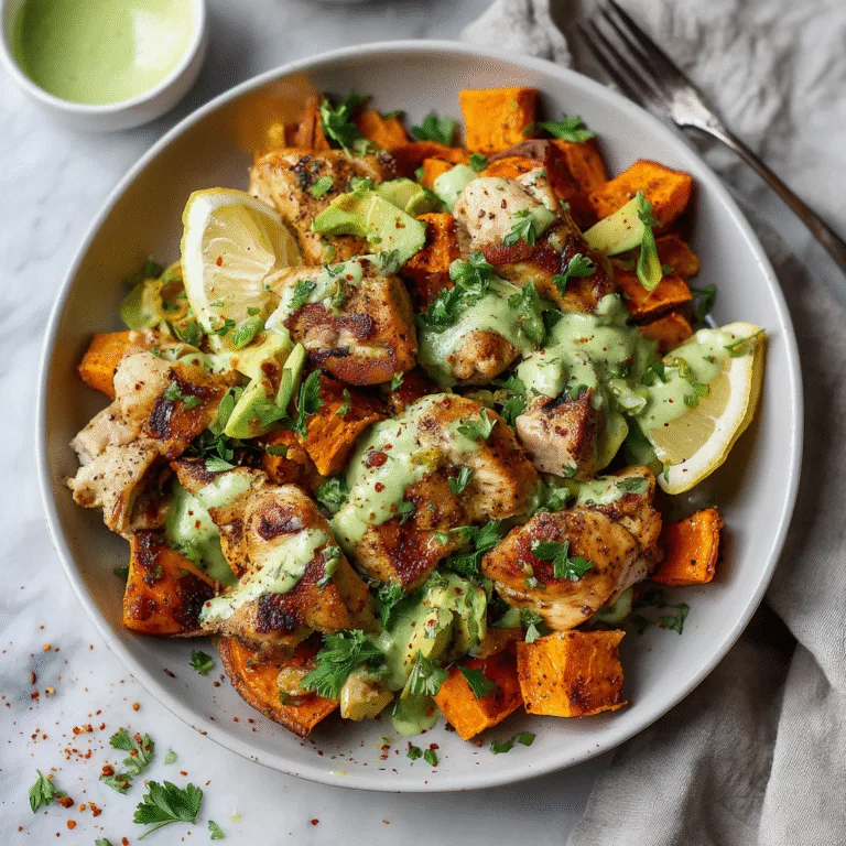 Sheet Pan Lemon Chicken with Sweet Potatoes & Avocado Goddess Sauce