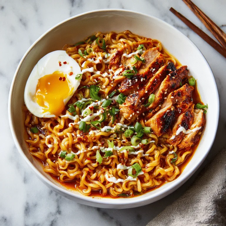 Fiery Chicken Ramen with Creamy Garlic Sauce