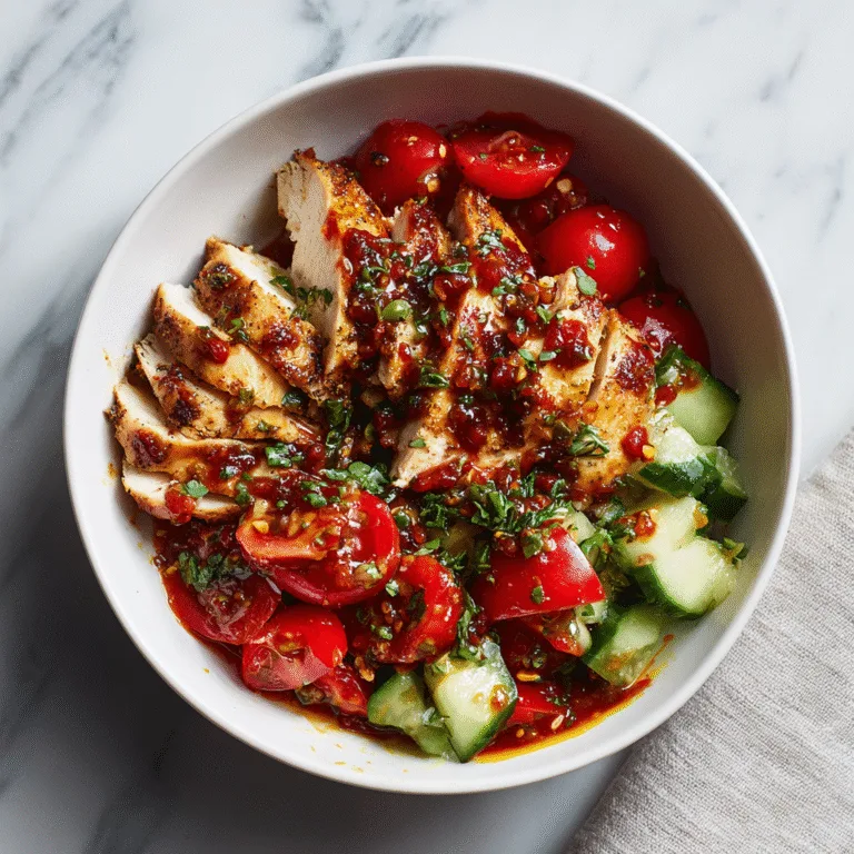 Chicken Bowls with Tomato Cucumber Salad and Calabrian Chile Sauce
