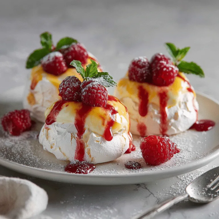 Pavlova Bombs – Mini Pavlovas Filled with Lemon Curd and Raspberry Coulis