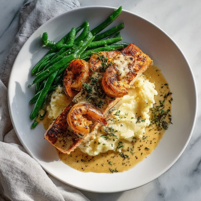 Cajun Shrimp and Salmon with Garlic Cream Sauce, Mashed Potatoes & Green Beans